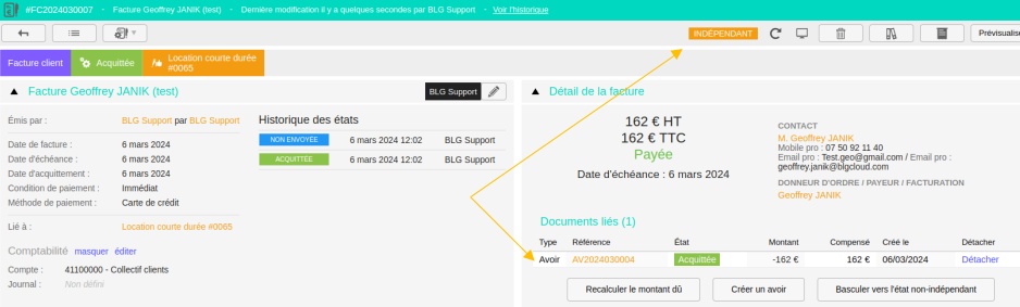 Facture avec le statut Indépendant