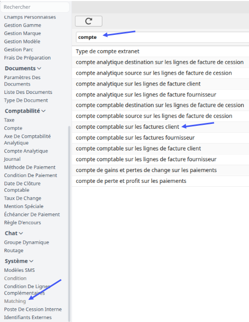 Sélection du matching pour le compte comptable des factures clients