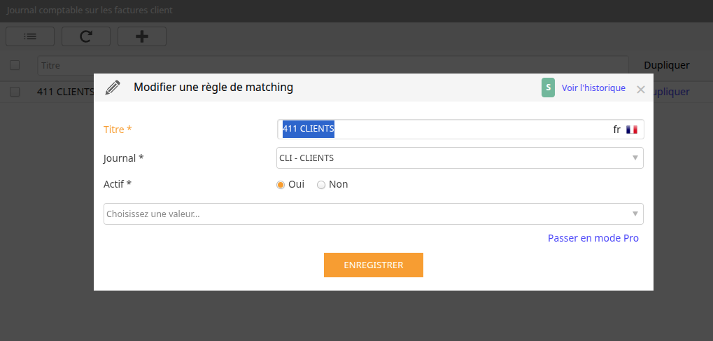 Paramétrage du journal comptable dans la règle