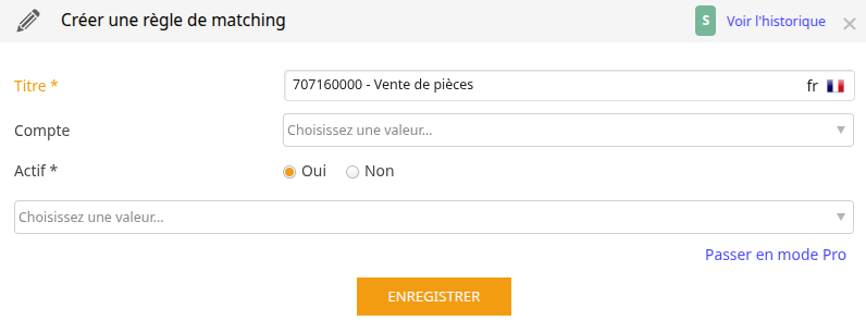 Saisie des informations de la règle de matching