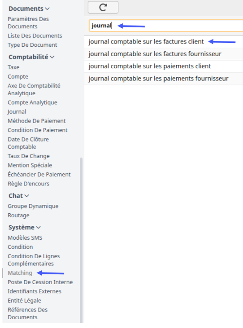 Sélection du matching pour le journal comptable des factures clients
