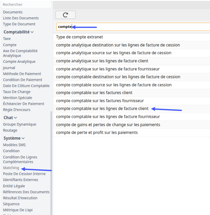 Sélection du matching pour les lignes de facture client