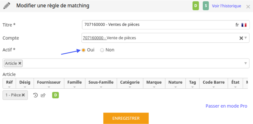 Activation de la règle de matching